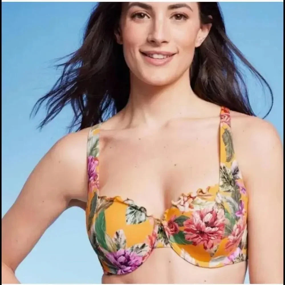 NWT Shade & Shore Women's Ruffle Underwire Bikini Top 36B Orange Green Floral